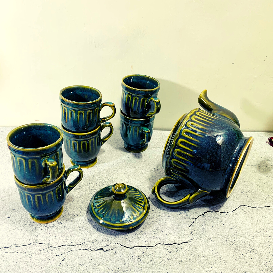 Homefrills Vintage Style Royal Tea Kettle Set with 6 Cups(150ml), 1 Kettle(400ml) Ceramic Good Morning Tea/Coffee Set- Set of 7 Colour-Green,Microwave Safe